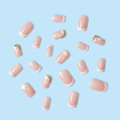 24pcs Nude Pink Press On Nails French Edge Flower Rhinestone False Nails