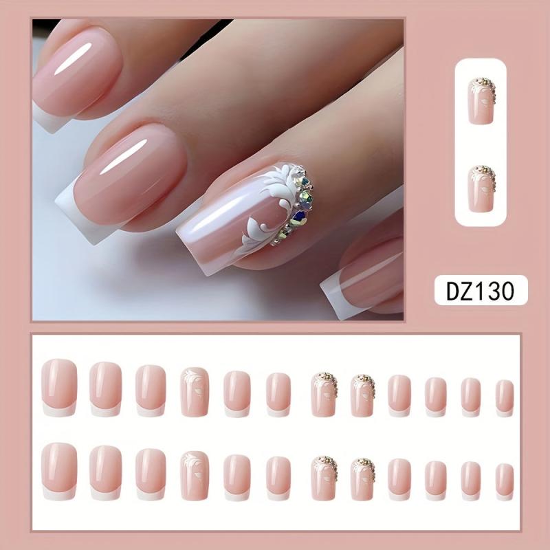 24pcs Nude Pink Press On Nails French Edge Flower Rhinestone False Nails
