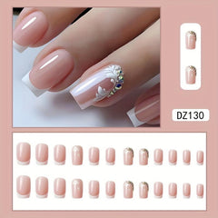 24pcs Nude Pink Press On Nails French Edge Flower Rhinestone False Nails