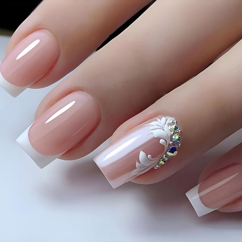 24pcs Nude Pink Press On Nails French Edge Flower Rhinestone False Nails