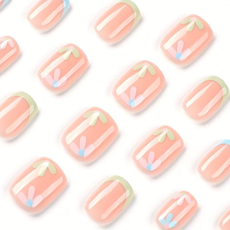 24pcs Glossy Colorful French Tip Press On Nails with Flower