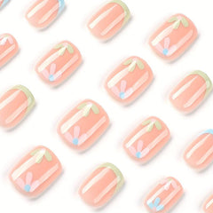 24pcs Glossy Colorful French Tip Press On Nails with Flower