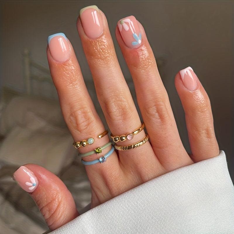 24pcs Glossy Colorful French Tip Press On Nails with Flower
