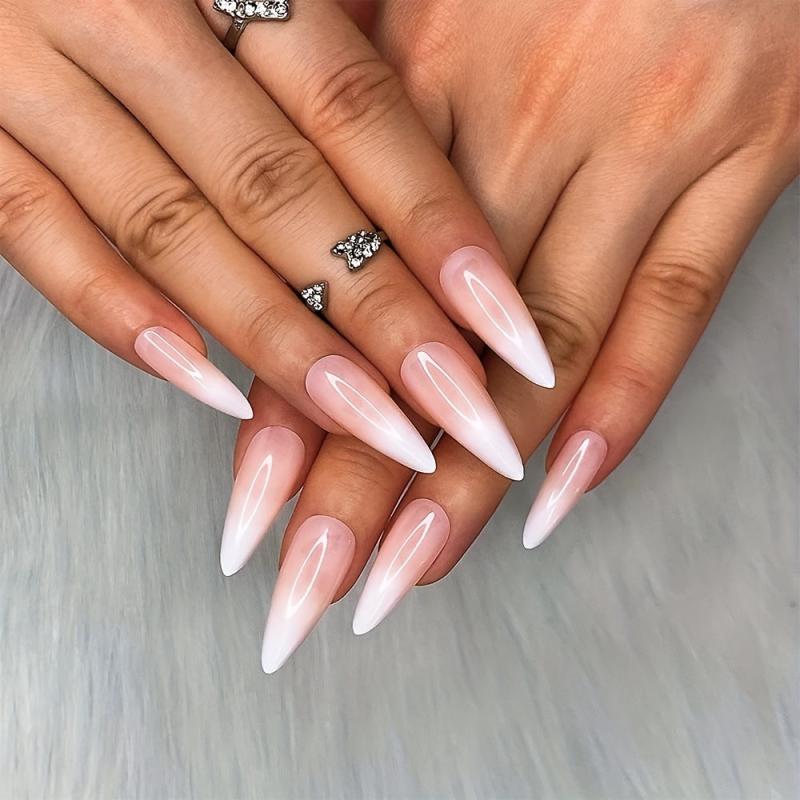 24pcs Pink Gradient French Tip Stiletto Press On Nails for Women Girls