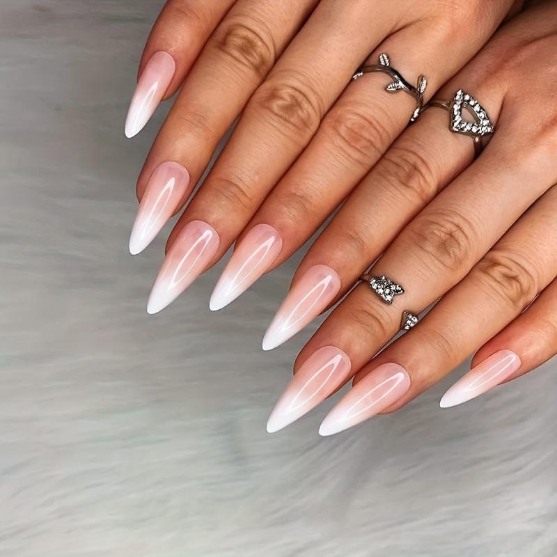 24pcs Pink Gradient French Tip Stiletto Press On Nails for Women Girls