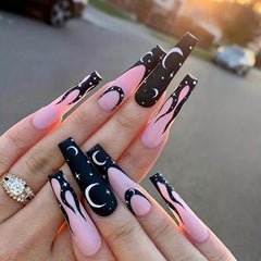 Flame Snake Moon Star Press On Nails Set with Adhesive Tabs and Nail File
