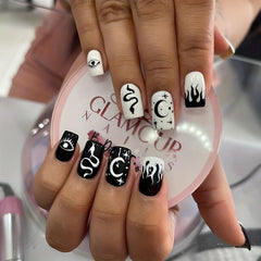 Flame Snake Moon Star Press On Nails Set with Adhesive Tabs and Nail File