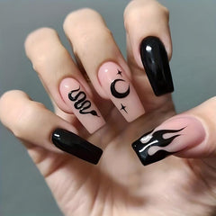 Flame Snake Moon Star Press On Nails Set with Adhesive Tabs and Nail File