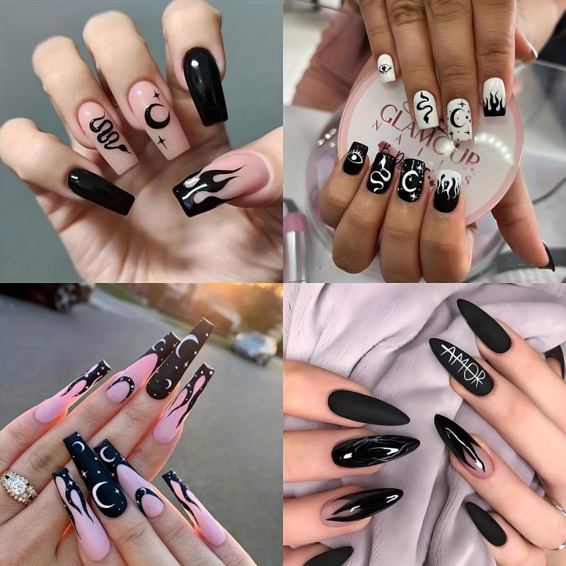 Flame Snake Moon Star Press On Nails Set with Adhesive Tabs and Nail File