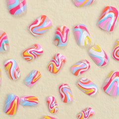 24pcs Rainbow Swirl Press On Nails Glossy Full Coverage Short Oval False Nails