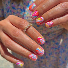 24pcs Rainbow Swirl Press On Nails Glossy Full Coverage Short Oval False Nails