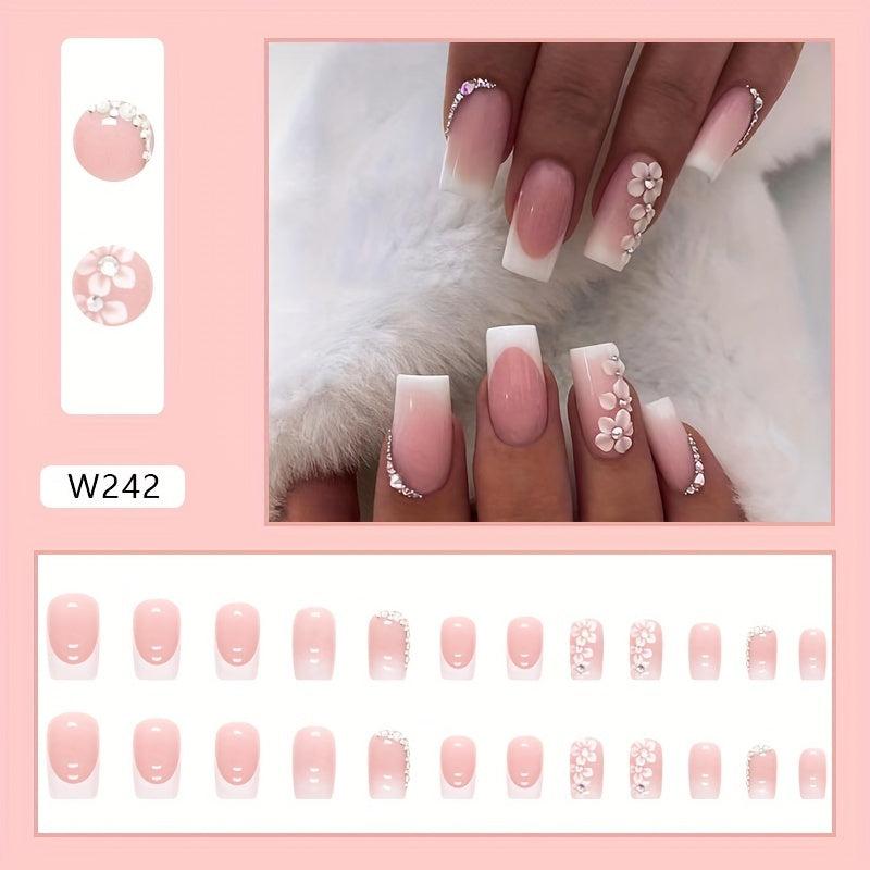 24 pcs Nude Press On Nails with Rhinestones & Daisy Designs