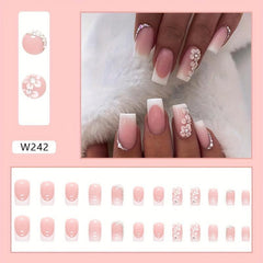 24 pcs Nude Press On Nails with Rhinestones & Daisy Designs