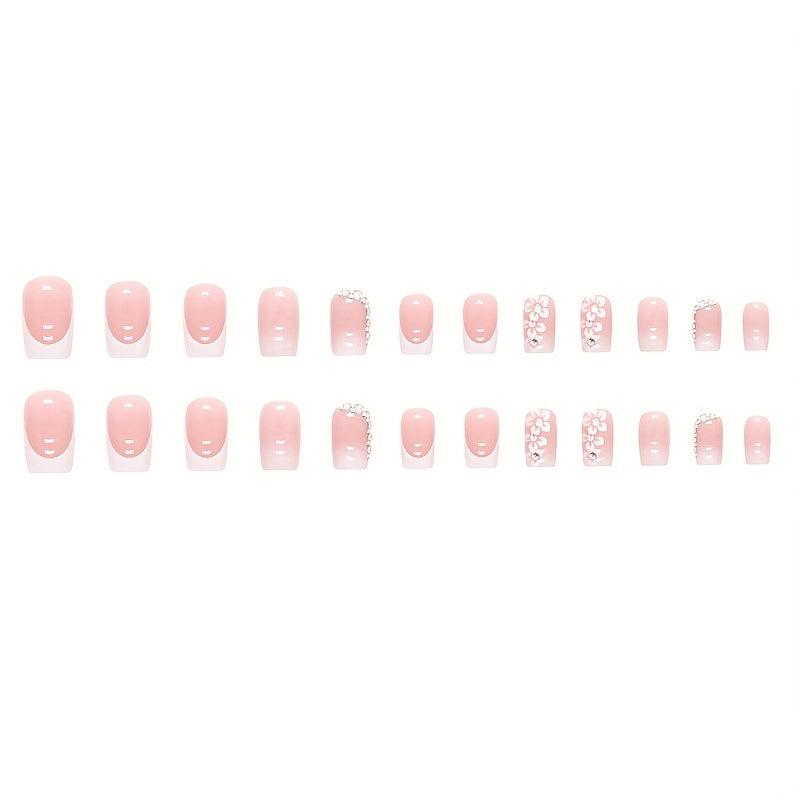 24 pcs Nude Press On Nails with Rhinestones & Daisy Designs