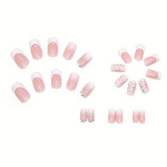 24 pcs Nude Press On Nails with Rhinestones & Daisy Designs