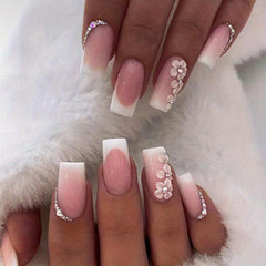 24 pcs Nude Press On Nails with Rhinestones & Daisy Designs