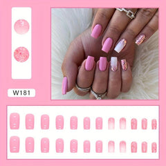 24pcs Glossy Pink Ombre Press On Nails with Sequin Short Square False Nails