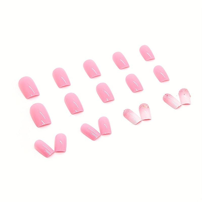 24pcs Glossy Pink Ombre Press On Nails with Sequin Short Square False Nails