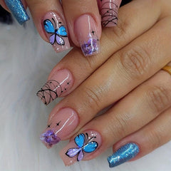 96 pcs Butterfly Press On Nails Glitter Swirl Line Bling Square Set
