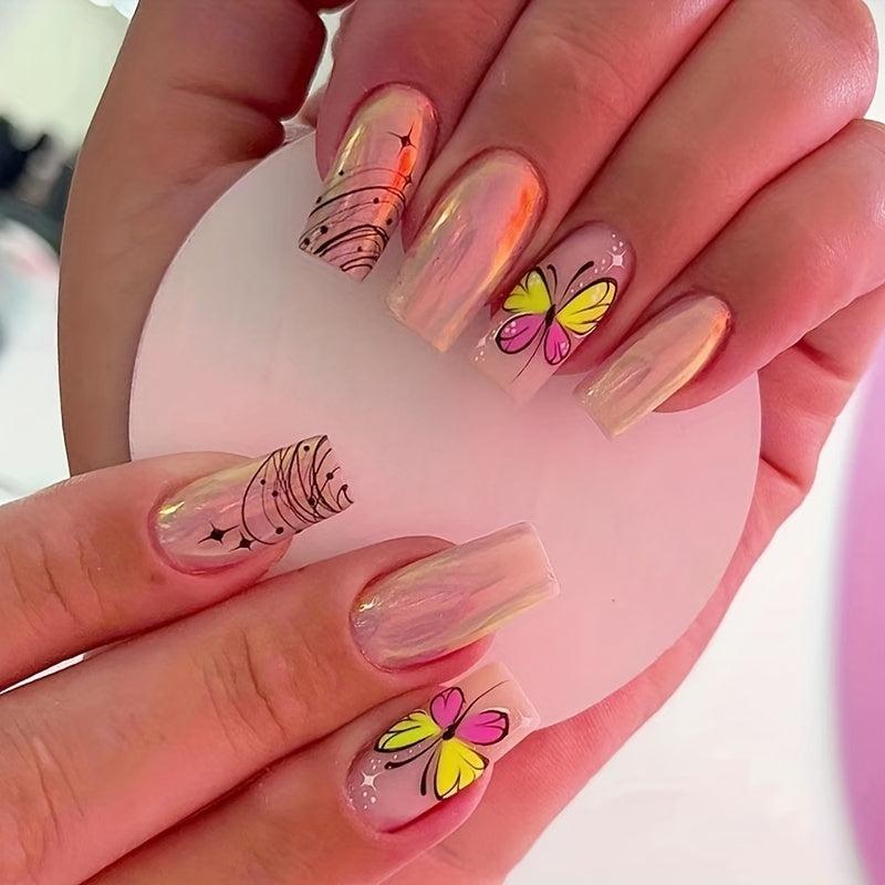 96 pcs Butterfly Press On Nails Glitter Swirl Line Bling Square Set