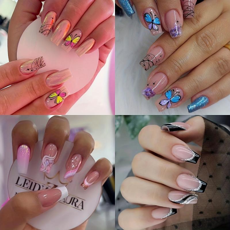 96 pcs Butterfly Press On Nails Glitter Swirl Line Bling Square Set