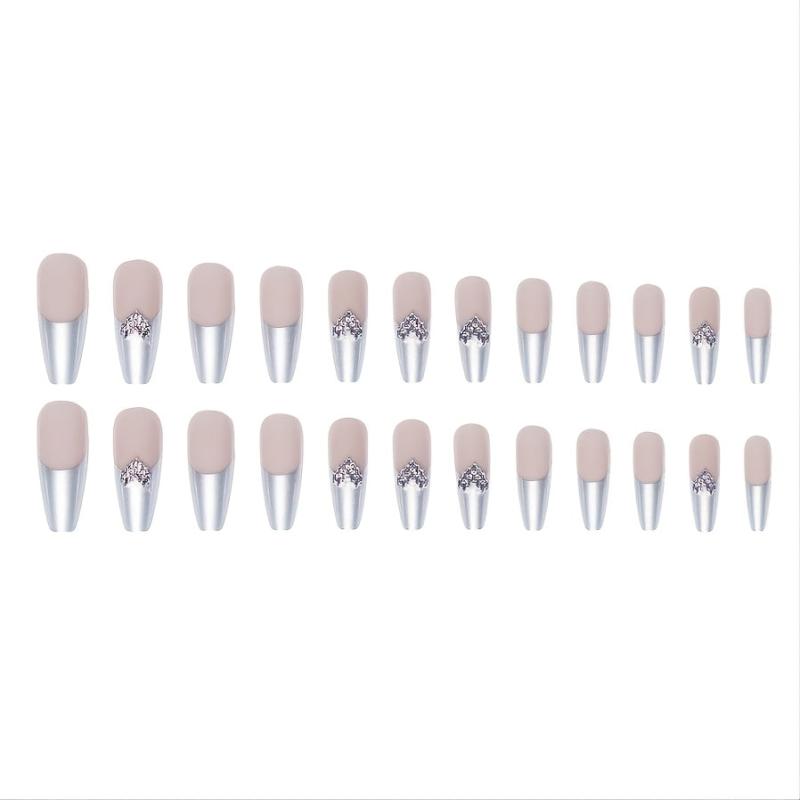 24Pcs French Nude Coffin Press On Nails with 3D Rhinestones
