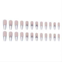 24Pcs French Nude Coffin Press On Nails with 3D Rhinestones