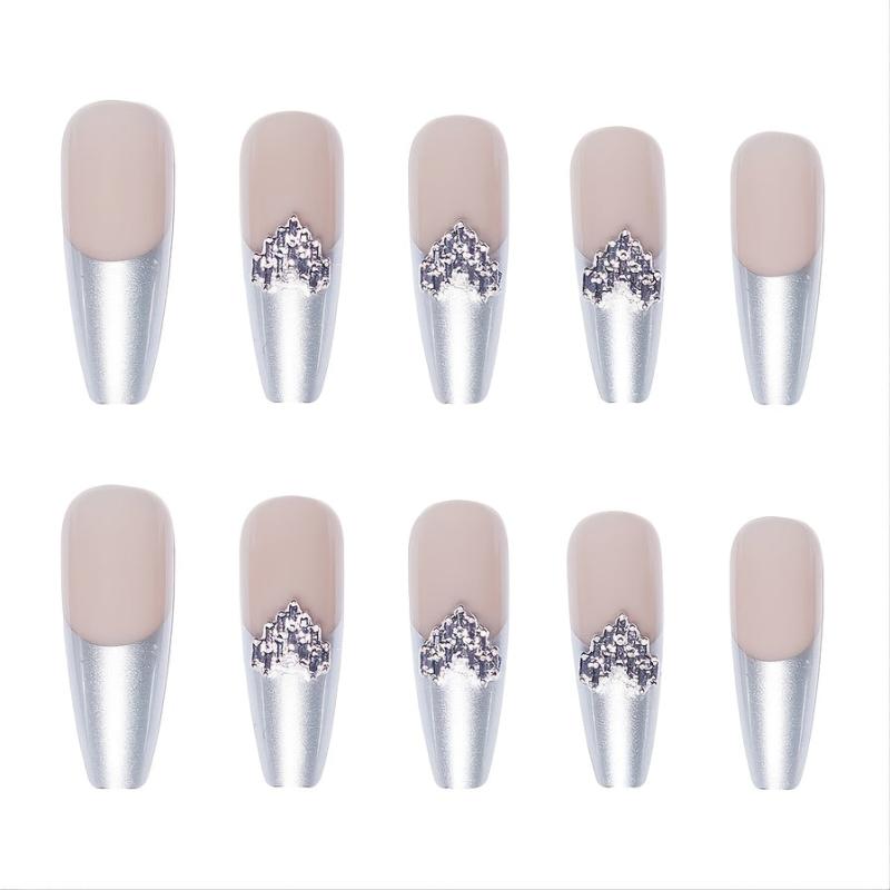 24Pcs French Nude Coffin Press On Nails with 3D Rhinestones
