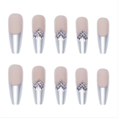 24Pcs French Nude Coffin Press On Nails with 3D Rhinestones