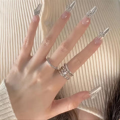 24Pcs French Nude Coffin Press On Nails with 3D Rhinestones