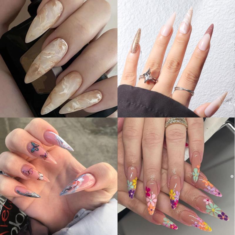 96 pcs Gradient Acrylic Stiletto Nails with Flower Long Almond Glue On Nails Set