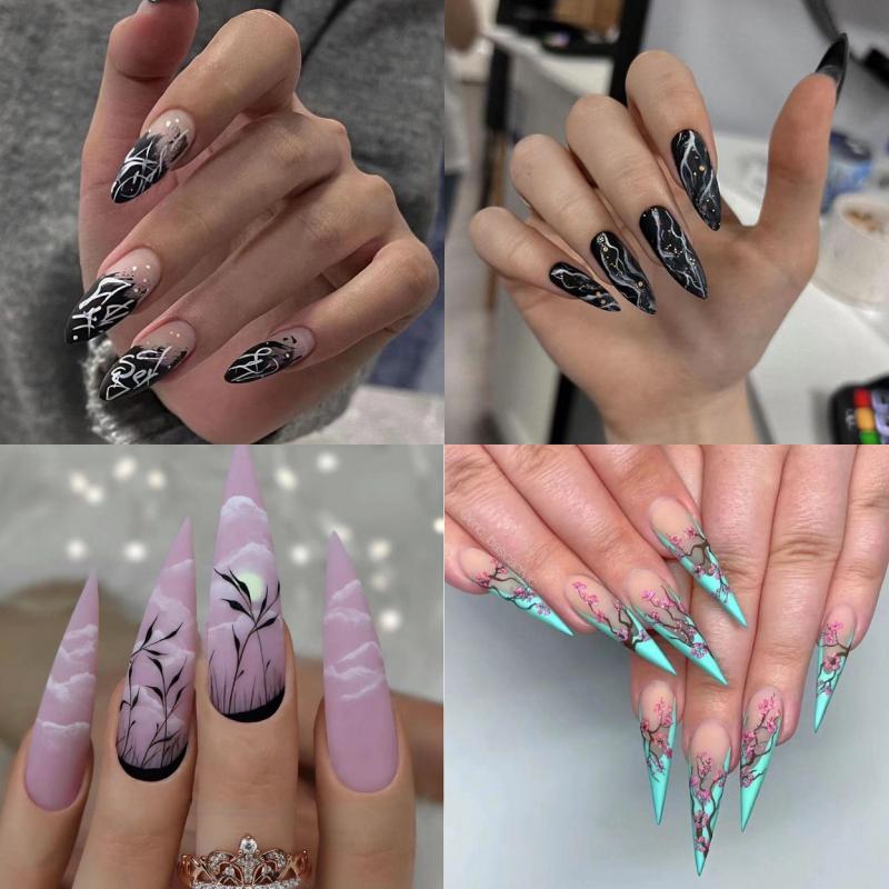 96 pcs Gradient Acrylic Stiletto Nails with Flower Long Almond Glue On Nails Set