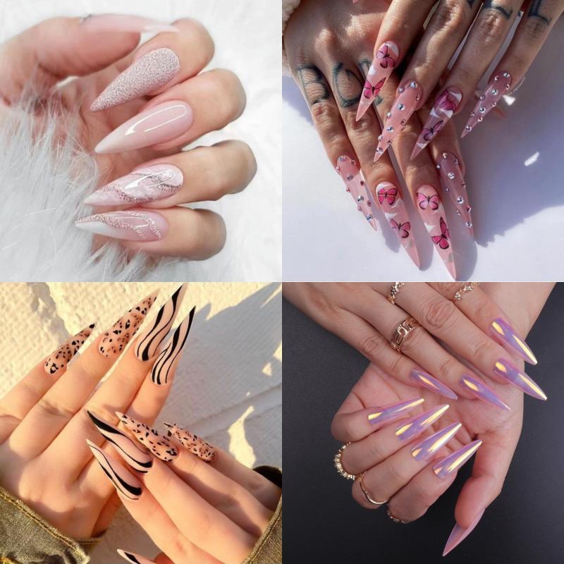 96 pcs Gradient Acrylic Stiletto Nails with Flower Long Almond Glue On Nails Set