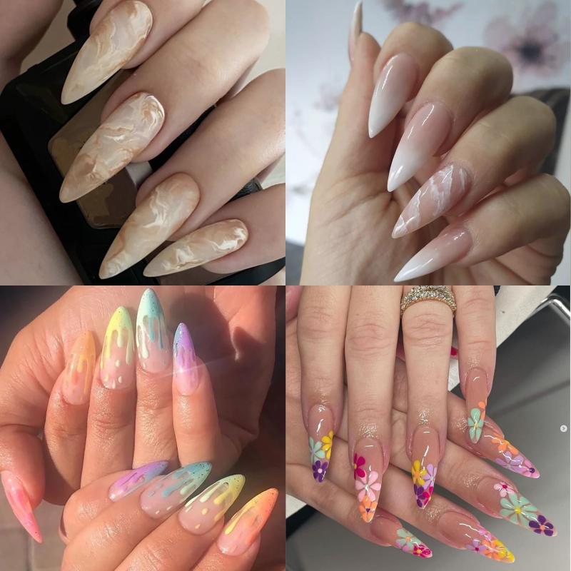 96 pcs Gradient Acrylic Stiletto Nails with Flower Long Almond Glue On Nails Set