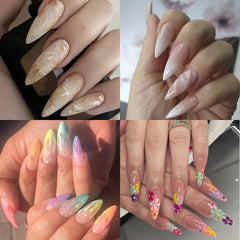 96 pcs Gradient Acrylic Stiletto Nails with Flower Long Almond Glue On Nails Set