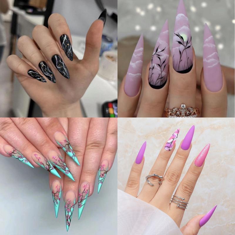 96 pcs Gradient Acrylic Stiletto Nails with Flower Long Almond Glue On Nails Set
