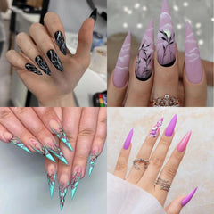 96 pcs Gradient Acrylic Stiletto Nails with Flower Long Almond Glue On Nails Set