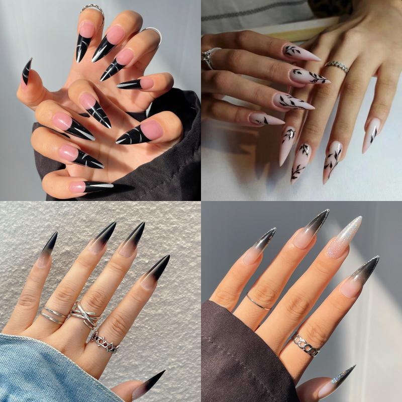 96 pcs Gradient Acrylic Stiletto Nails with Flower Long Almond Glue On Nails Set