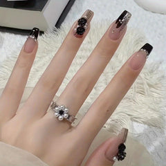 24 pcs Nude Pink Heart Press On Nails with Rhinestones Medium Length