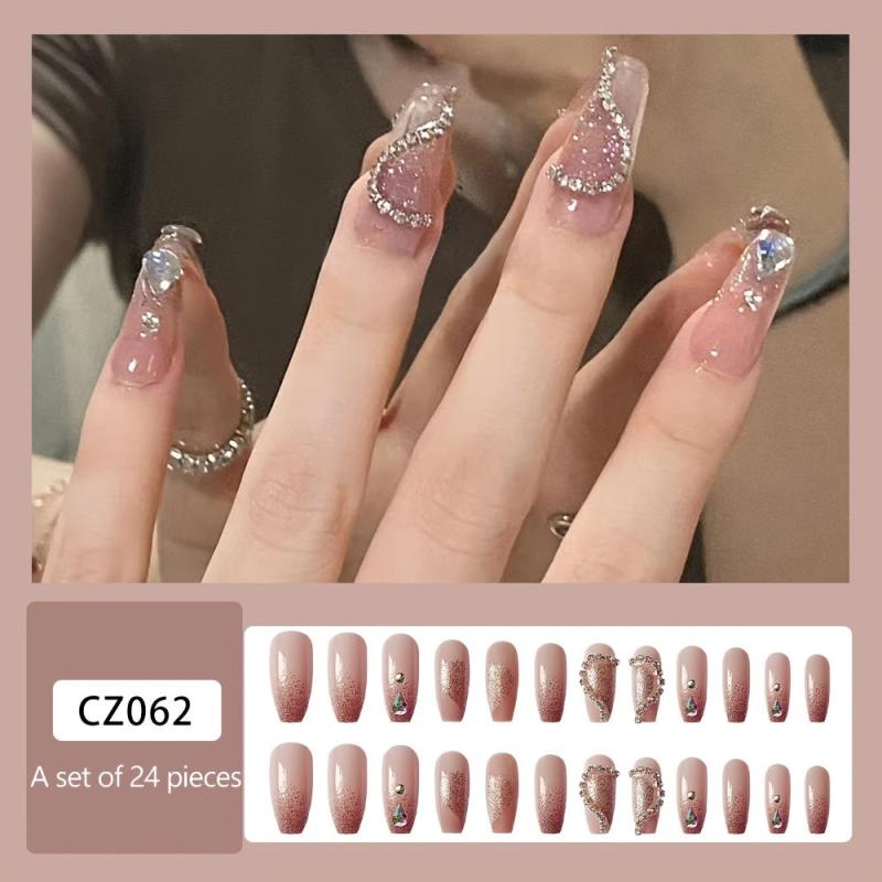 24 pcs Nude Pink Heart Press On Nails with Rhinestones Medium Length