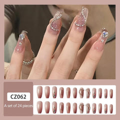 24 pcs Nude Pink Heart Press On Nails with Rhinestones Medium Length