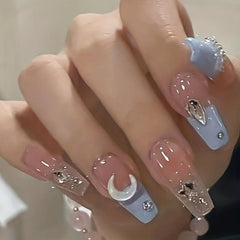 24 pcs Nude Pink Heart Press On Nails with Rhinestones Medium Length