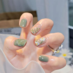 Green Acrylic Flower Press On Nails for Women and Girls - Easy to Apply