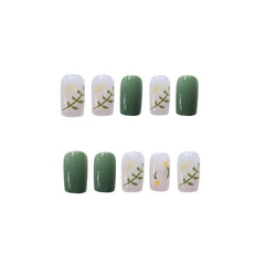 Green Acrylic Flower Press On Nails for Women and Girls - Easy to Apply