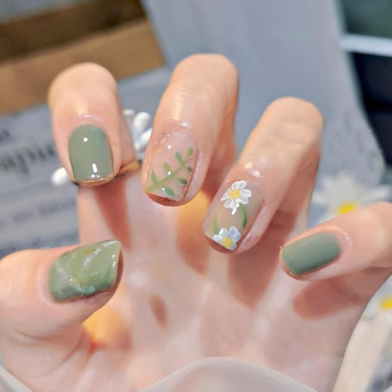 Green Acrylic Flower Press On Nails for Women and Girls - Easy to Apply