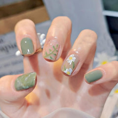 Green Acrylic Flower Press On Nails for Women and Girls - Easy to Apply