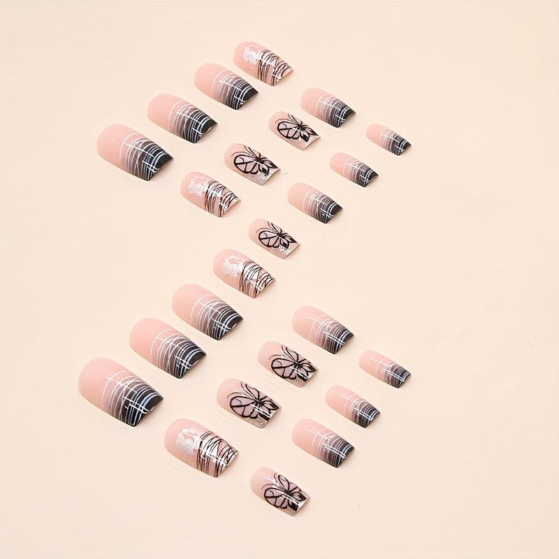 24pcs Butterfly Press On Nails Aurora Iridescent Sequin Medium False Nails
