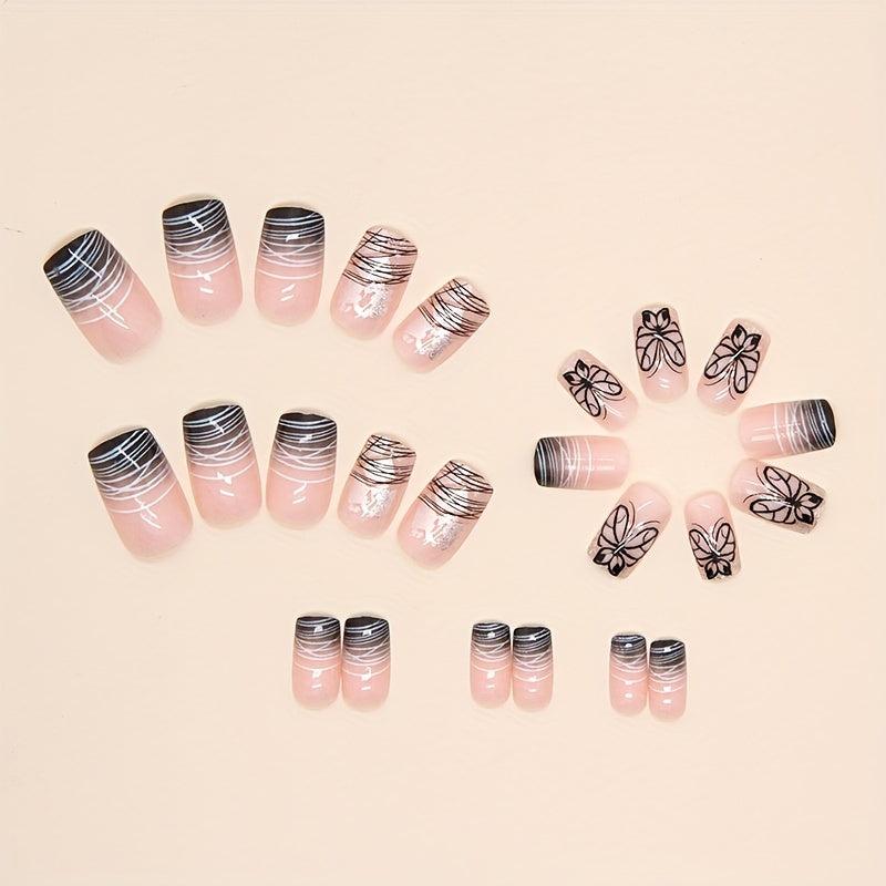 24pcs Butterfly Press On Nails Aurora Iridescent Sequin Medium False Nails