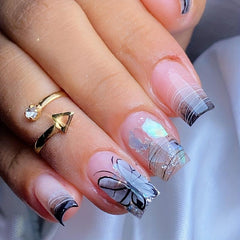 24pcs Butterfly Press On Nails Aurora Iridescent Sequin Medium False Nails