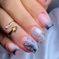 24pcs Butterfly Press On Nails Aurora Iridescent Sequin Medium False Nails